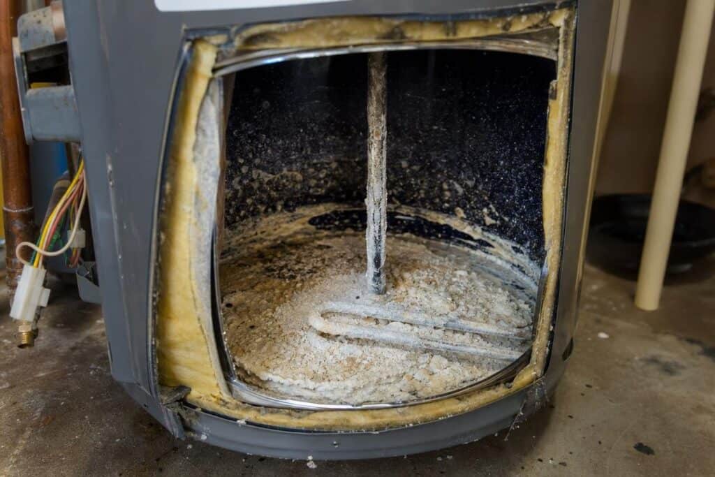 The image shows the interior of a cut-open water heater tank, revealing heavy mineral buildup and corrosion on the bottom.