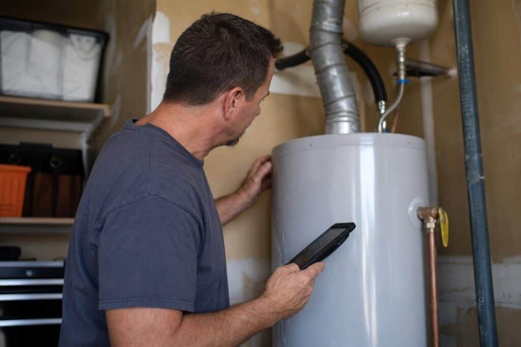 Man in a blue shirt inspects a water heater in a utility room, holding a digital tablet and looking at the pipes and connections.