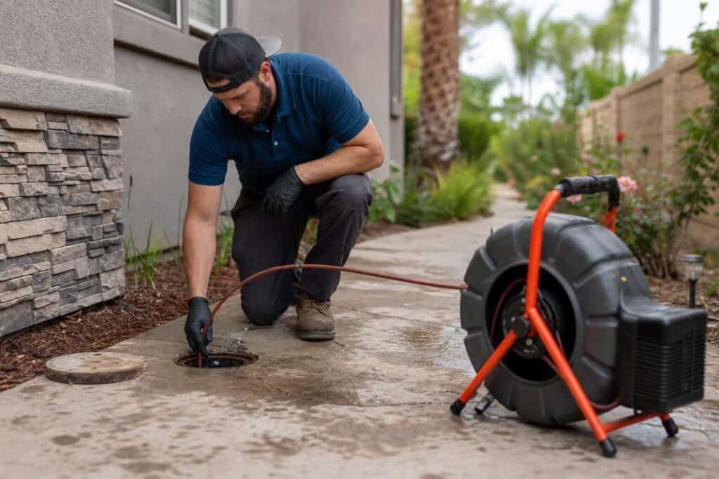 A man wearing gloves uses a sewer camera to inspect an outdoor drain on a concrete path next to a house.