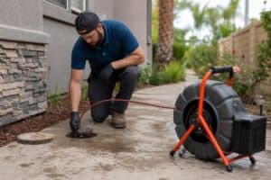 A man wearing gloves uses a sewer camera to inspect an outdoor drain on a concrete path next to a house.