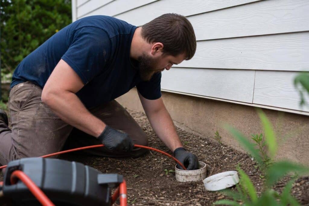 A man kneels outside by a house, wearing gloves, and inserts a red cable into an outdoor plumbing access pipe.