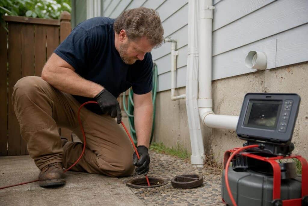 A man uses a camera inspection tool to check an outdoor drain pipe, with equipment and monitor set up beside him near a house wall.
