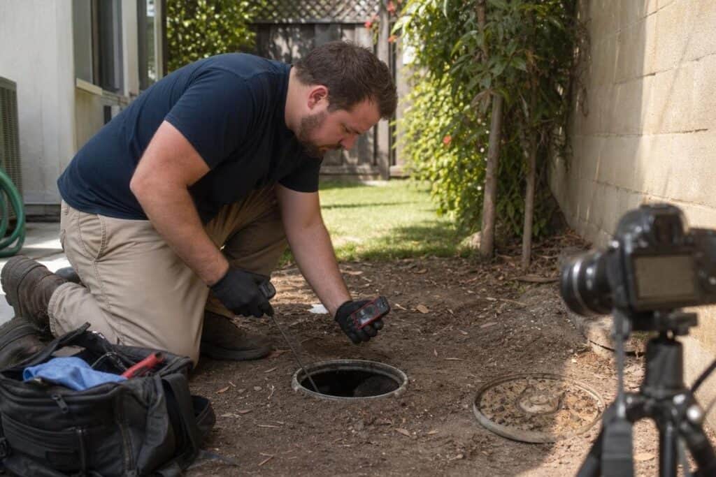 A person in work gloves kneels by an open ground access point, using a handheld device with tools nearby; a camera on a tripod is set up in the foreground.