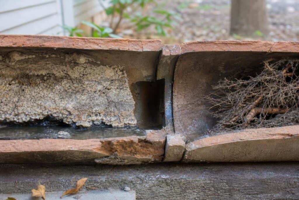 Close-up of damaged clay sewer pipes showing a break, with debris and tree roots clogging one side and water and residue inside the other section.