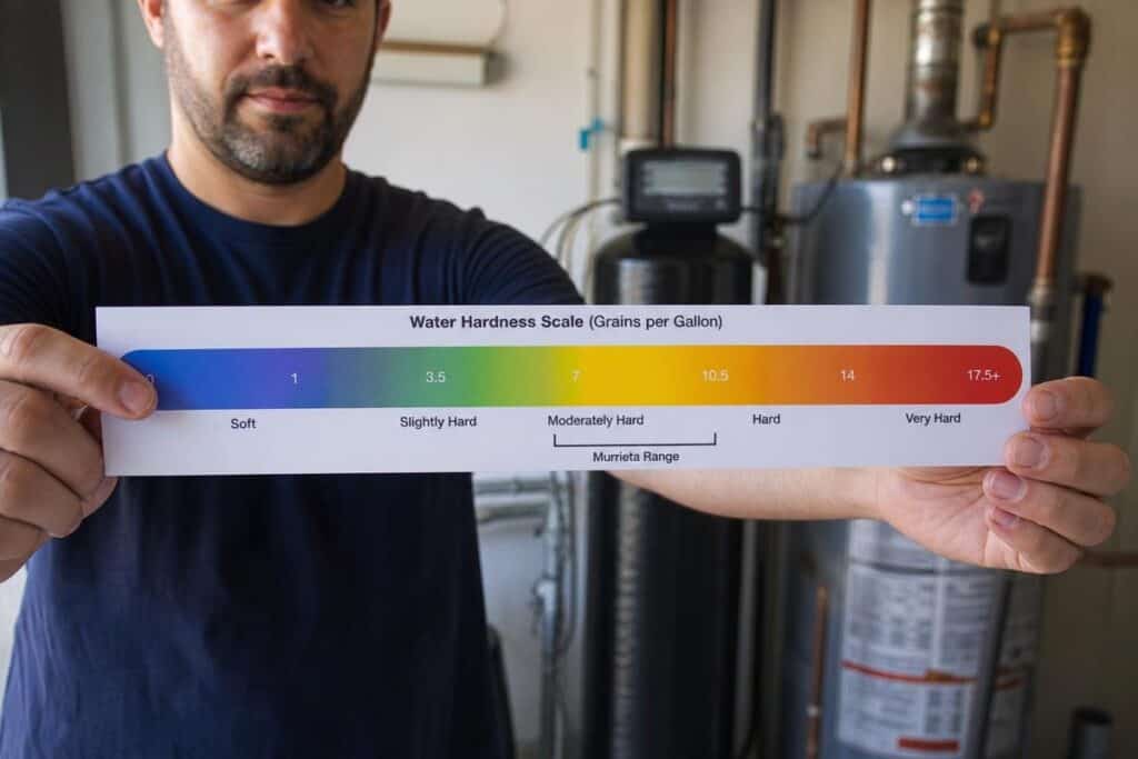 A person holds a water hardness scale chart ranging from soft to very hard in front of water treatment equipment.