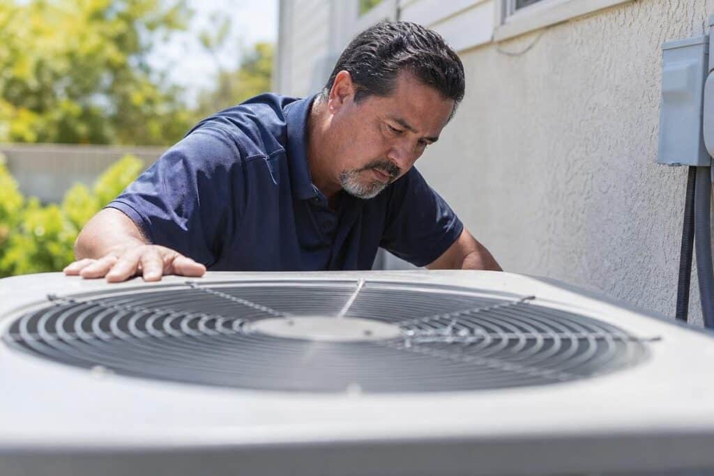 A man inspects an outdoor air conditioning unit next to a building on a sunny day.