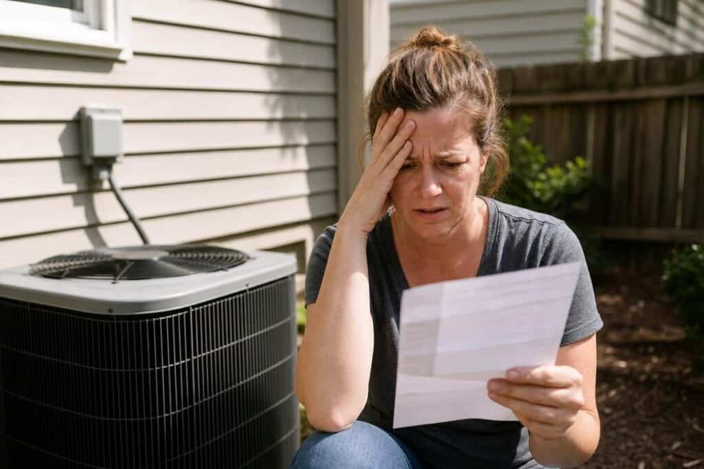 A woman sits outside near an air conditioning unit, holding a paper and looking concerned.