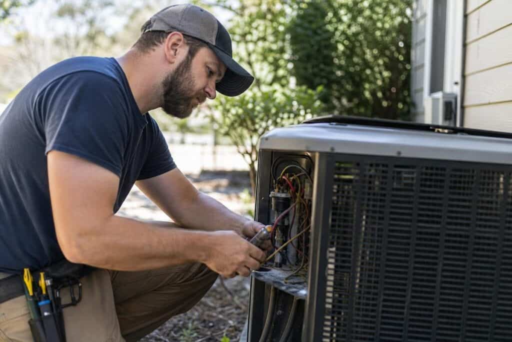 A technician wearing a cap repairs an outdoor air conditioning unit with tools, surrounded by greenery next to a building.