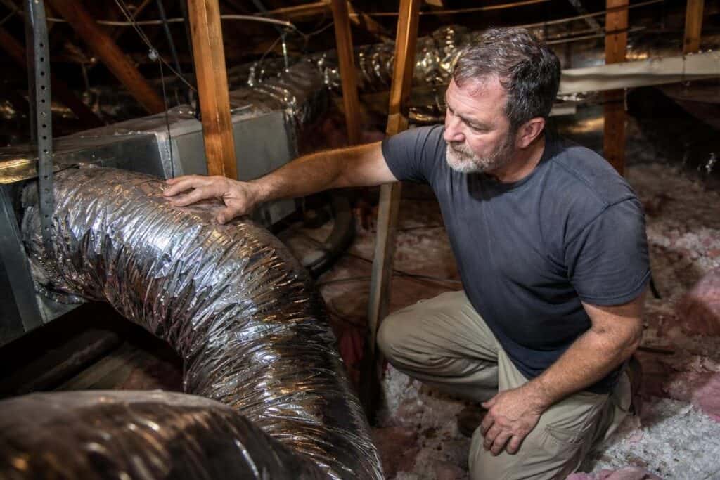 Man inspecting flexible air duct in an attic with exposed insulation, wooden beams, and HVAC components visible.