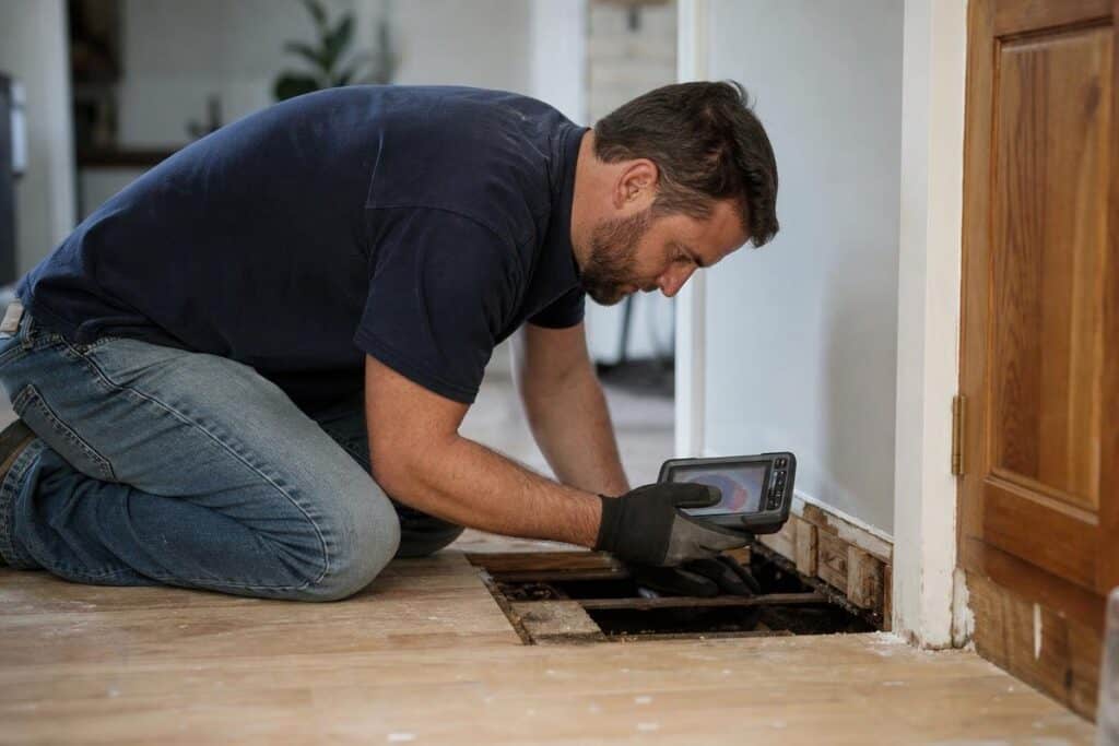 Plumber performing slab leak detection at a San Marcos home