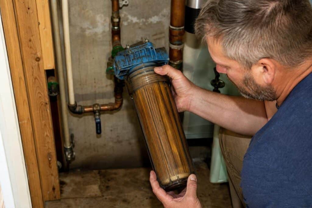 whole-home water filter inspection in an Orange California home